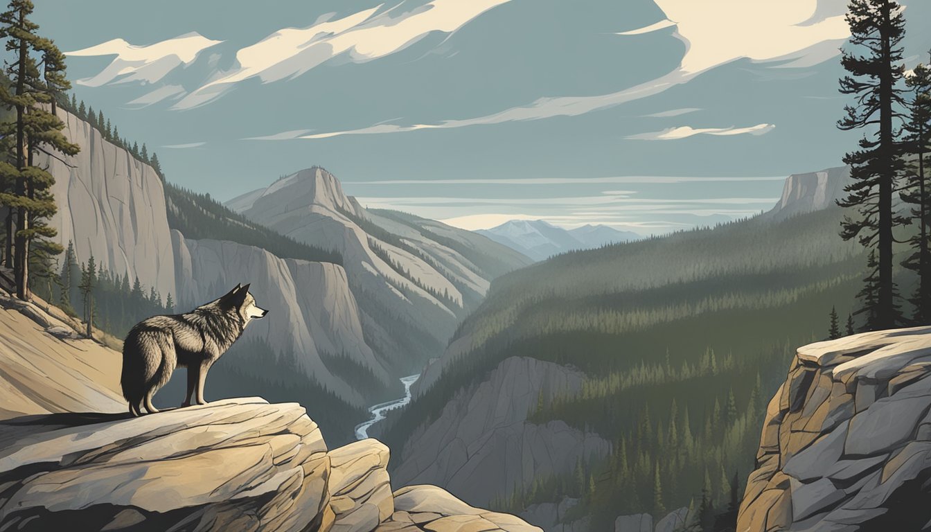 A lone wolf howling on a rocky cliff, with the iconic Yellowstone landscape in the background