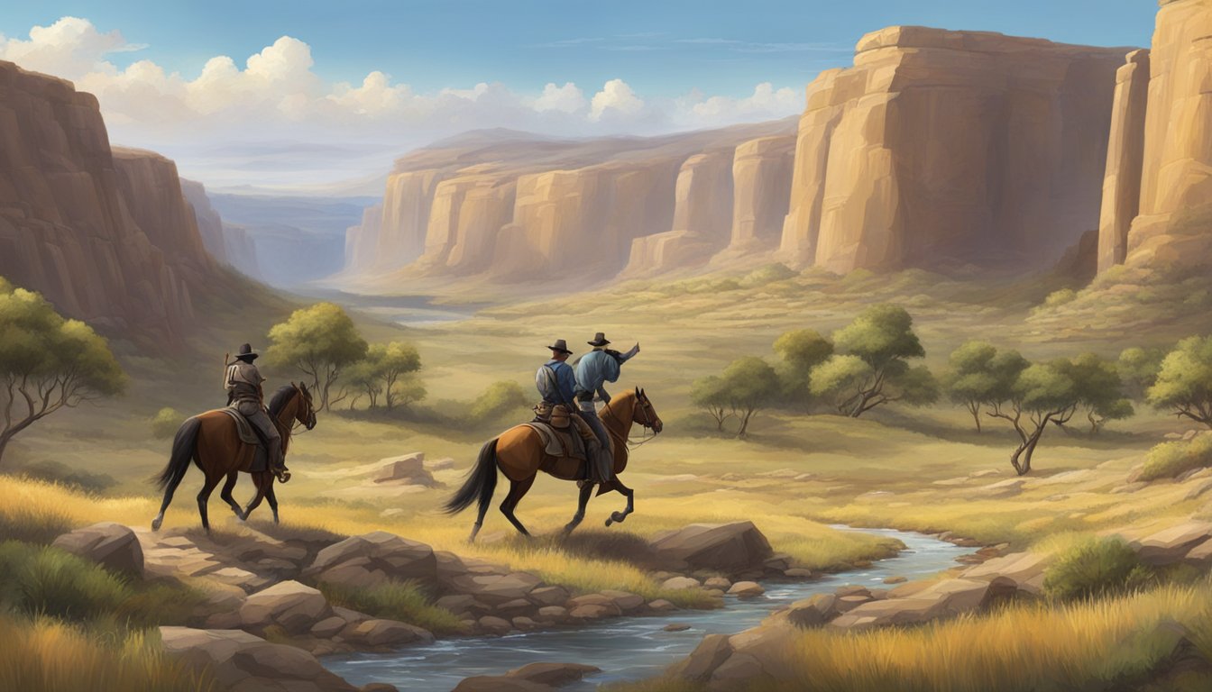 A dramatic confrontation between two rival factions in a picturesque, rugged western landscape