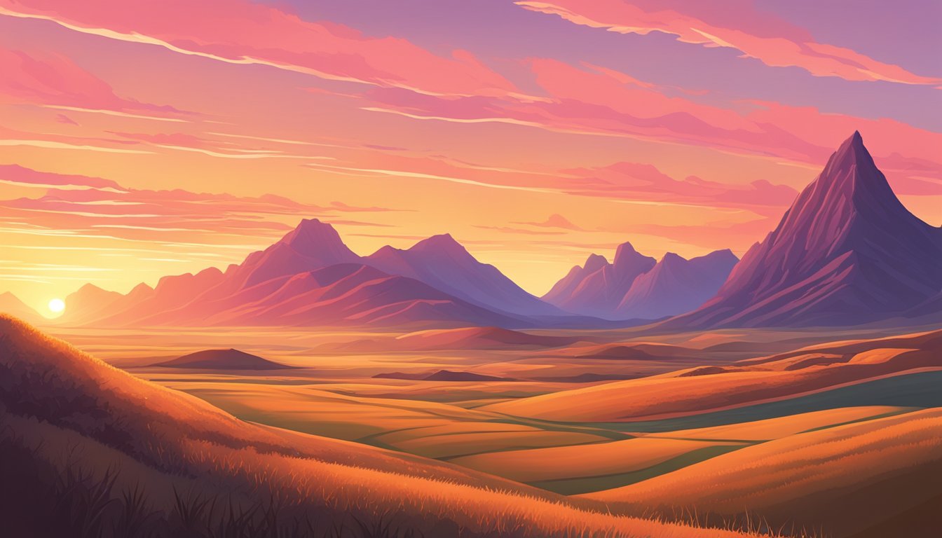 A vast, golden prairie stretches to the horizon, framed by towering mountains. The sun sets in a blaze of orange and pink, casting long shadows over the land