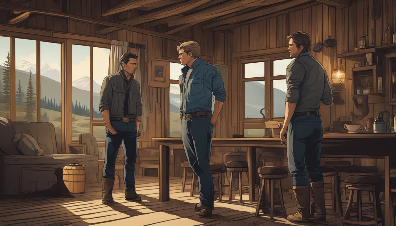 The main characters of Yellowstone Season 3 Episode 6 perform a tense confrontation in a dimly lit, rustic cabin, with dramatic expressions and body language