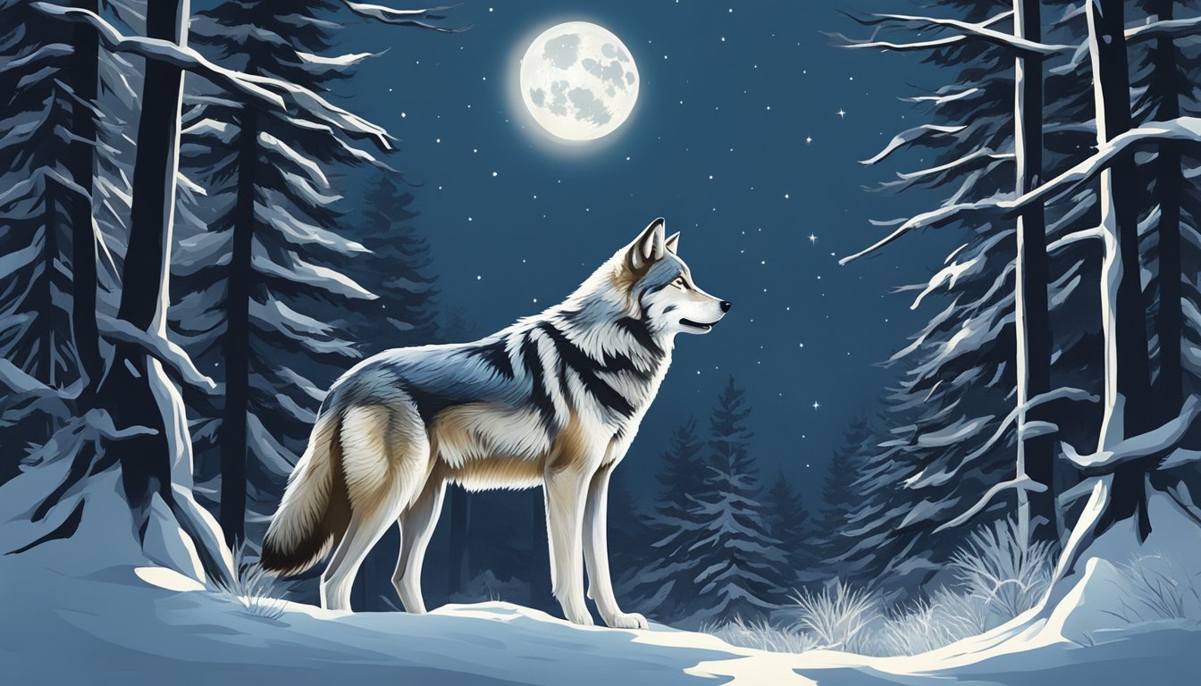 A lone wolf howls under a full moon in a snowy forest