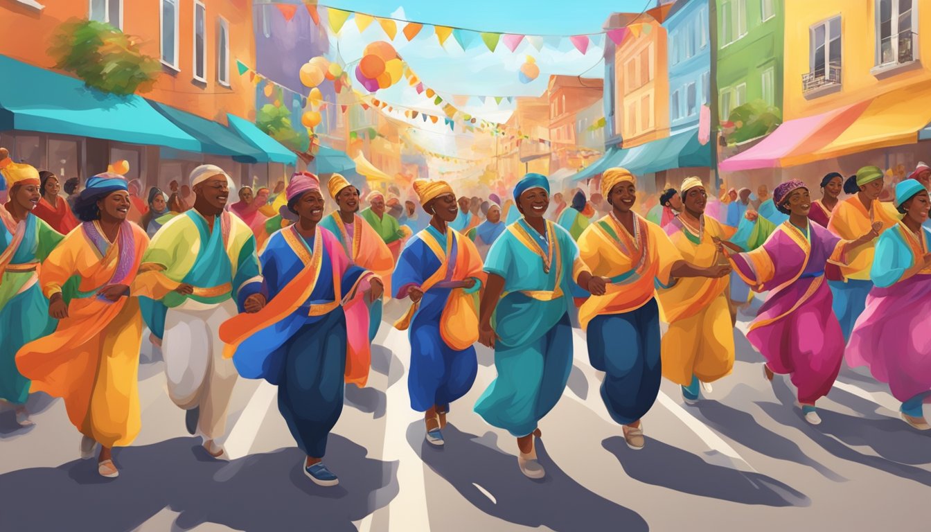 A vibrant parade of diverse cultural groups celebrating together in a colorful and lively street festival