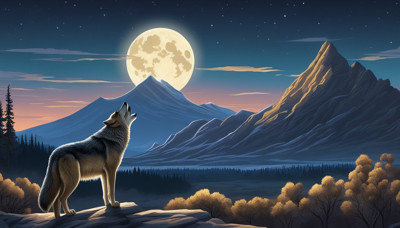 A lone wolf howls under the moonlit sky in a vast, rugged landscape