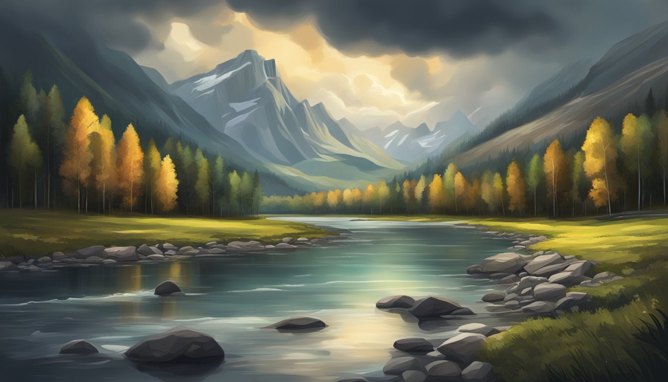 A dramatic landscape with a river, mountains, and a forest under a stormy sky