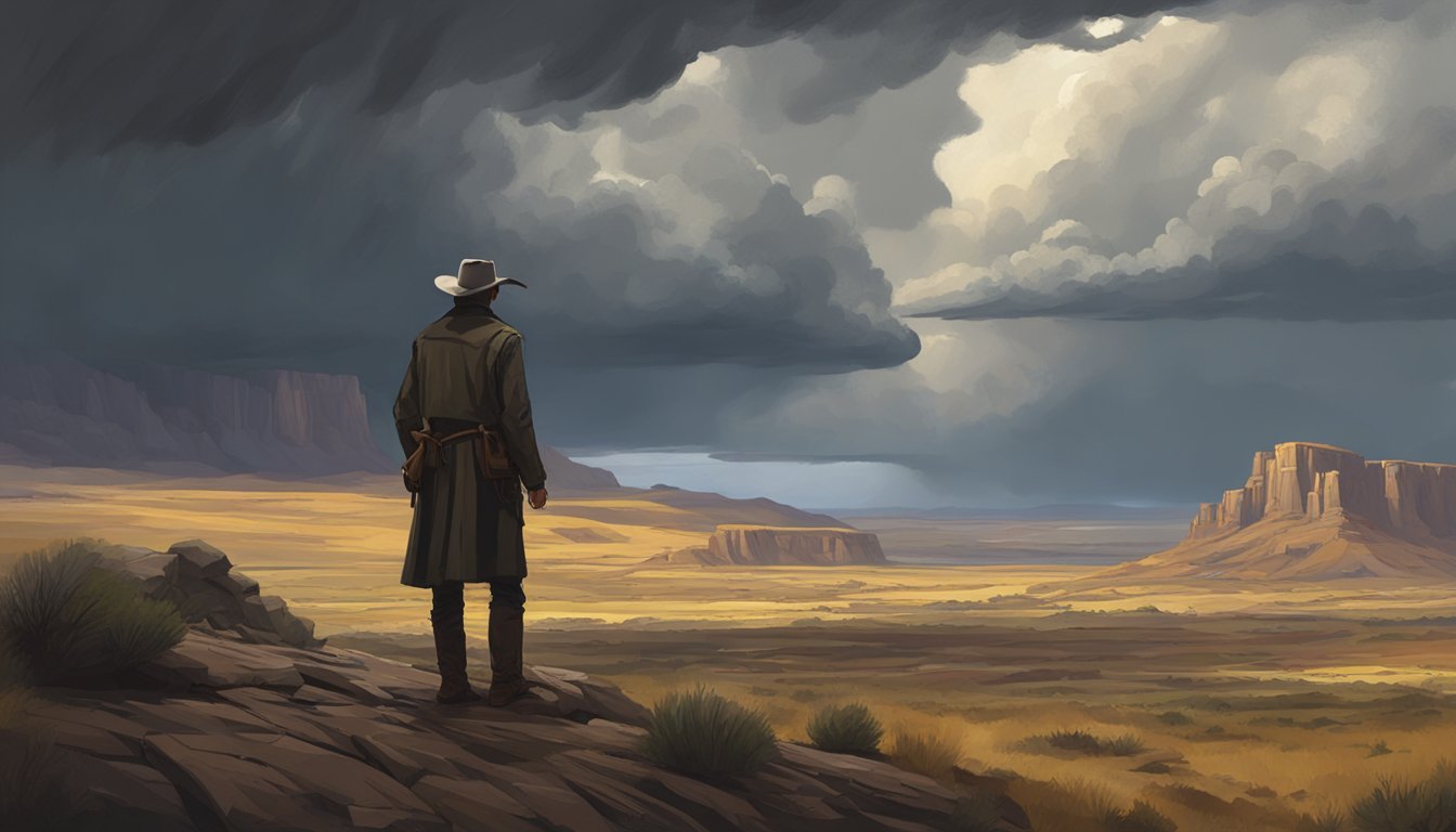 A dramatic showdown in a rugged western landscape, with a stormy sky looming overhead. A lone figure stands in the foreground, surveying the scene