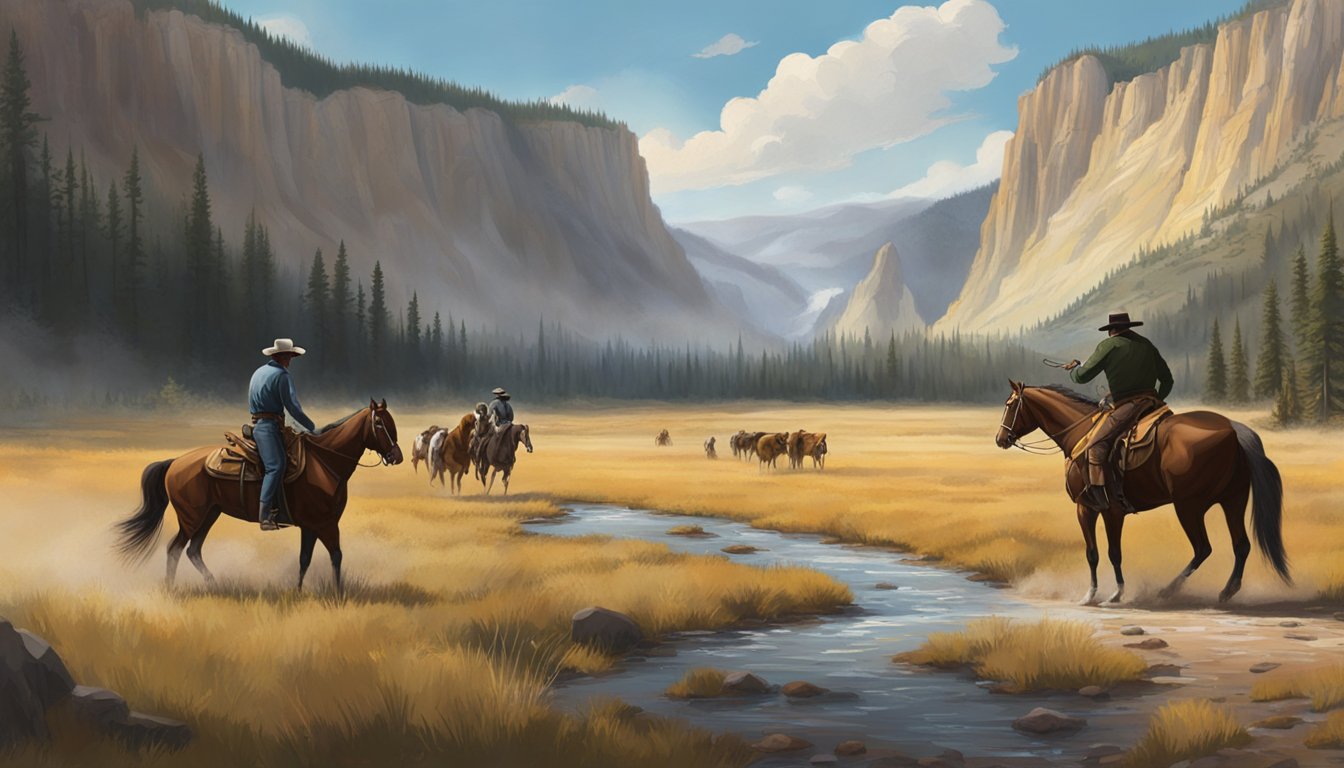 A dramatic showdown at the Yellowstone ranch, with the main characters facing off in the midst of the rugged landscape