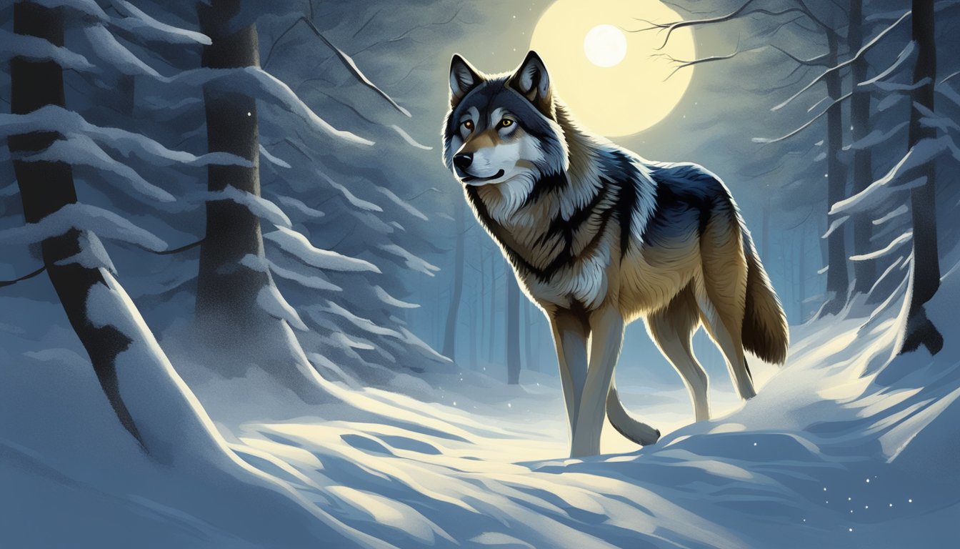 A lone wolf prowls through a snow-covered forest under the moonlight