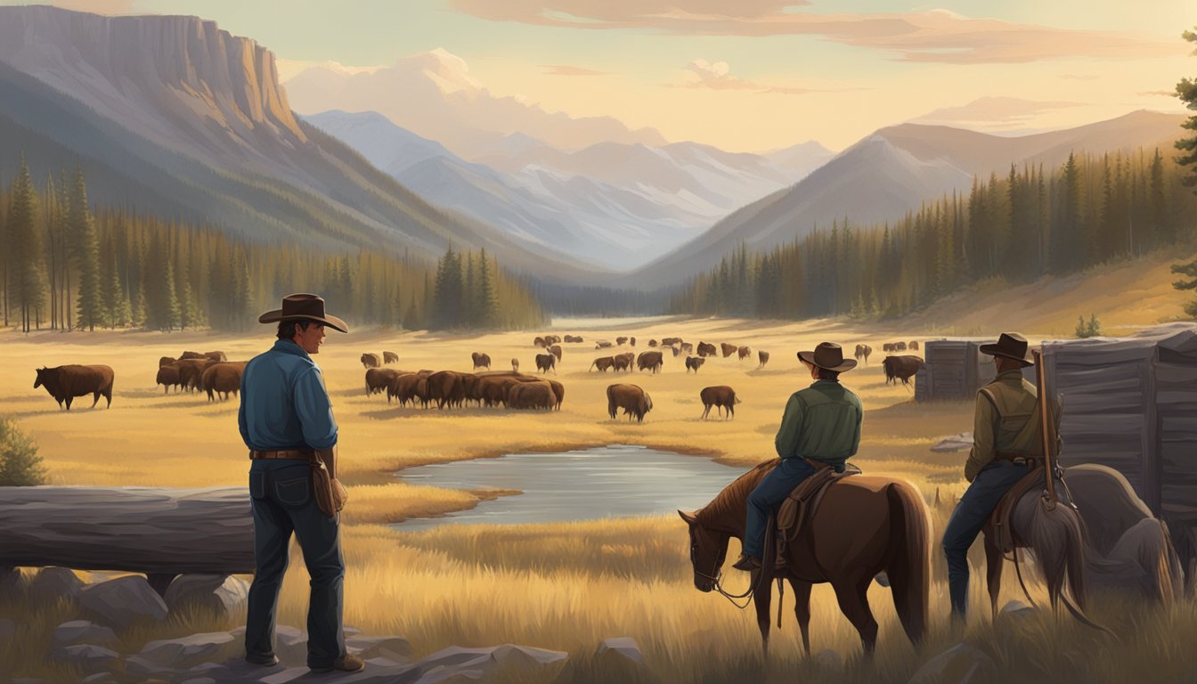 A tense standoff at the Yellowstone ranch, with characters in heated conversation, surrounded by the rugged beauty of the Montana landscape