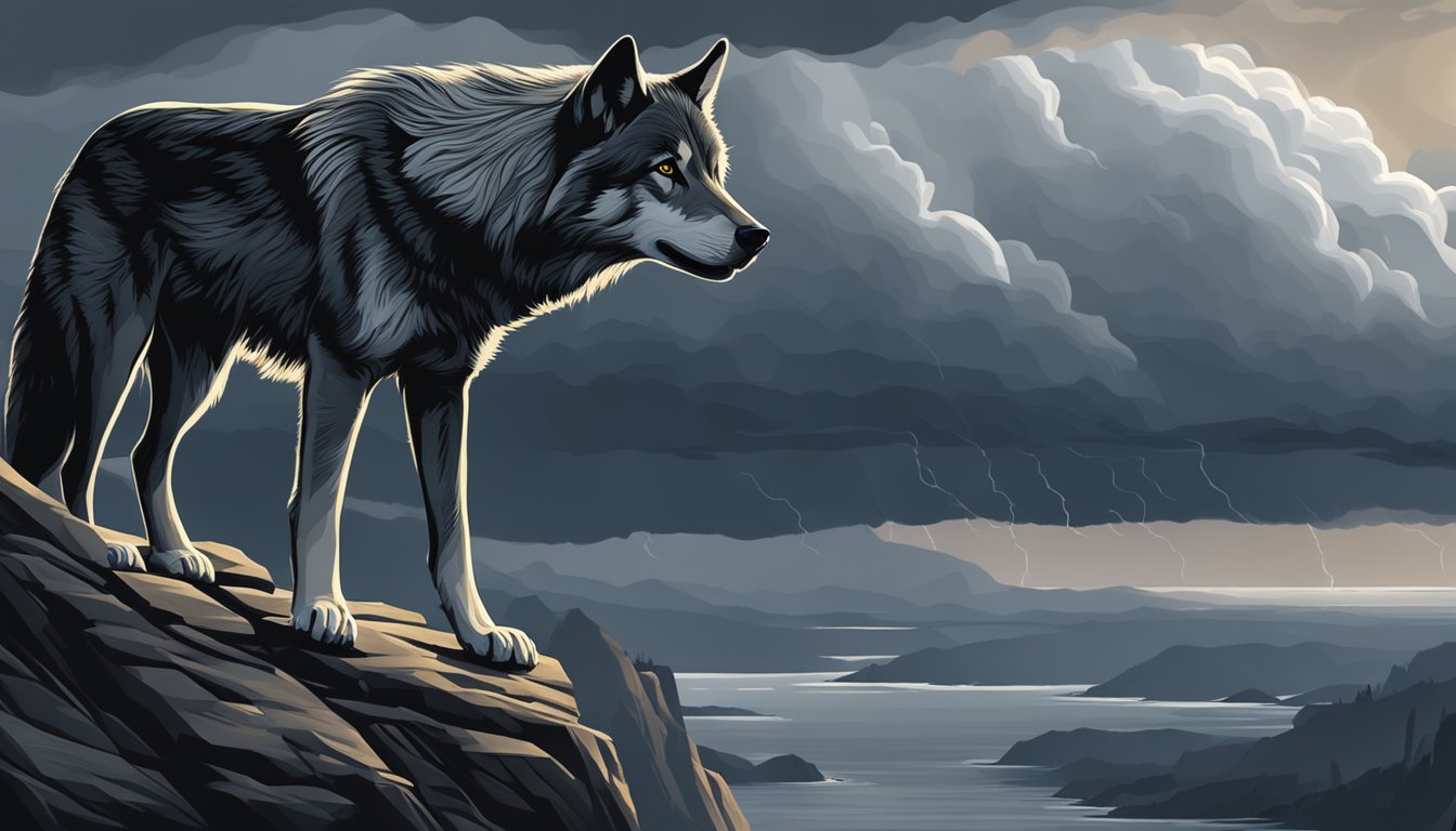 The silhouette of a lone wolf standing on a rocky cliff, with a storm brewing in the distance