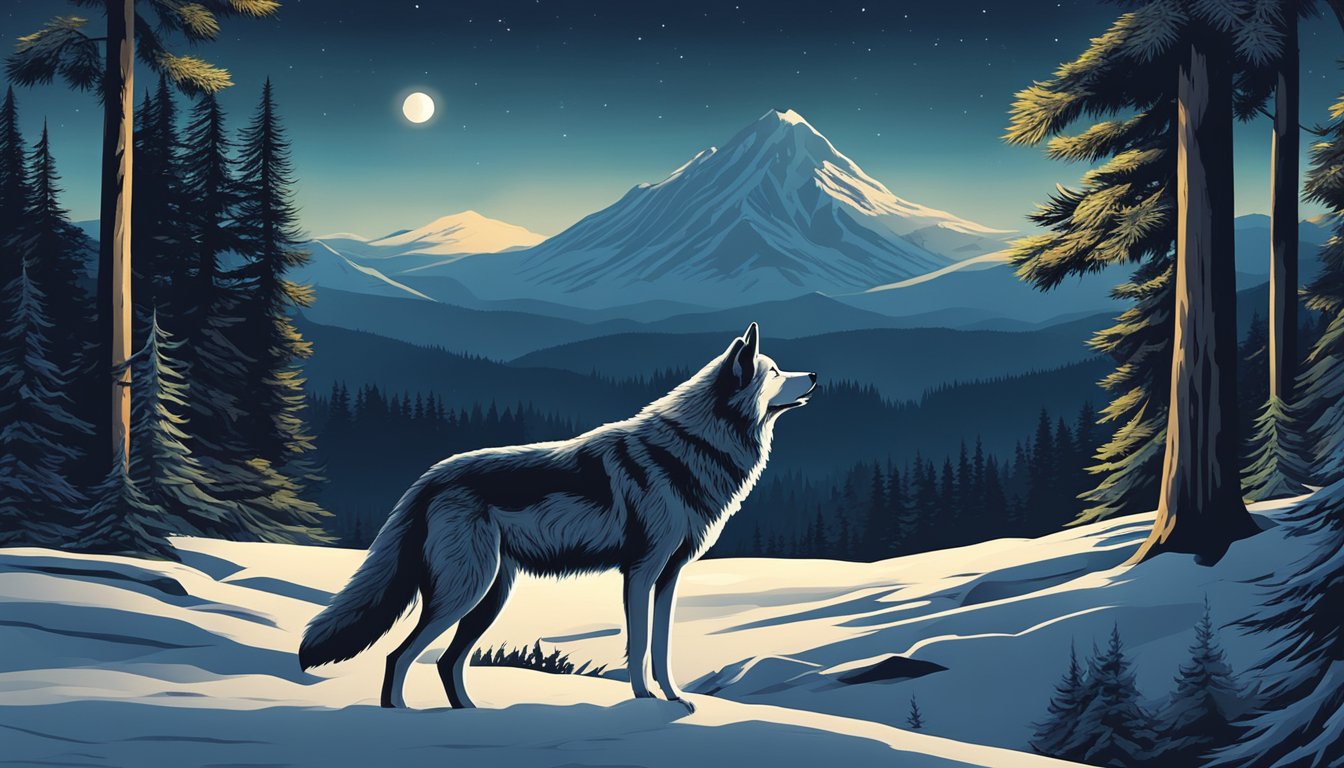 A lone wolf howls in the moonlit wilderness, surrounded by towering pine trees and a distant mountain range