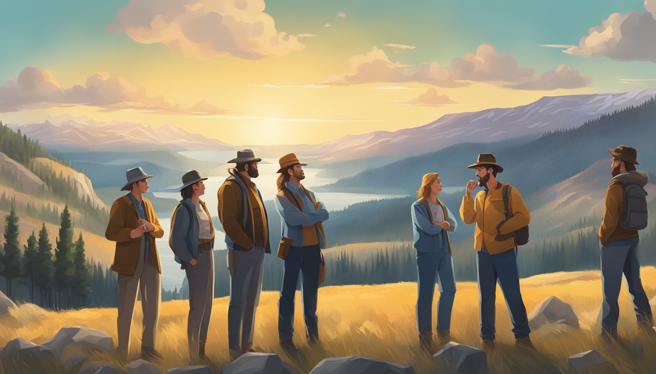 A group of characters engage in intense conversations, expressing a range of emotions and interpersonal dynamics, against the backdrop of the Yellowstone landscape