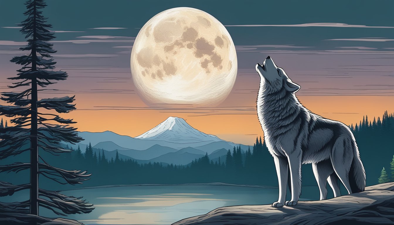 A lone wolf howls under a full moon, surrounded by towering pine trees and a steaming geyser in the background