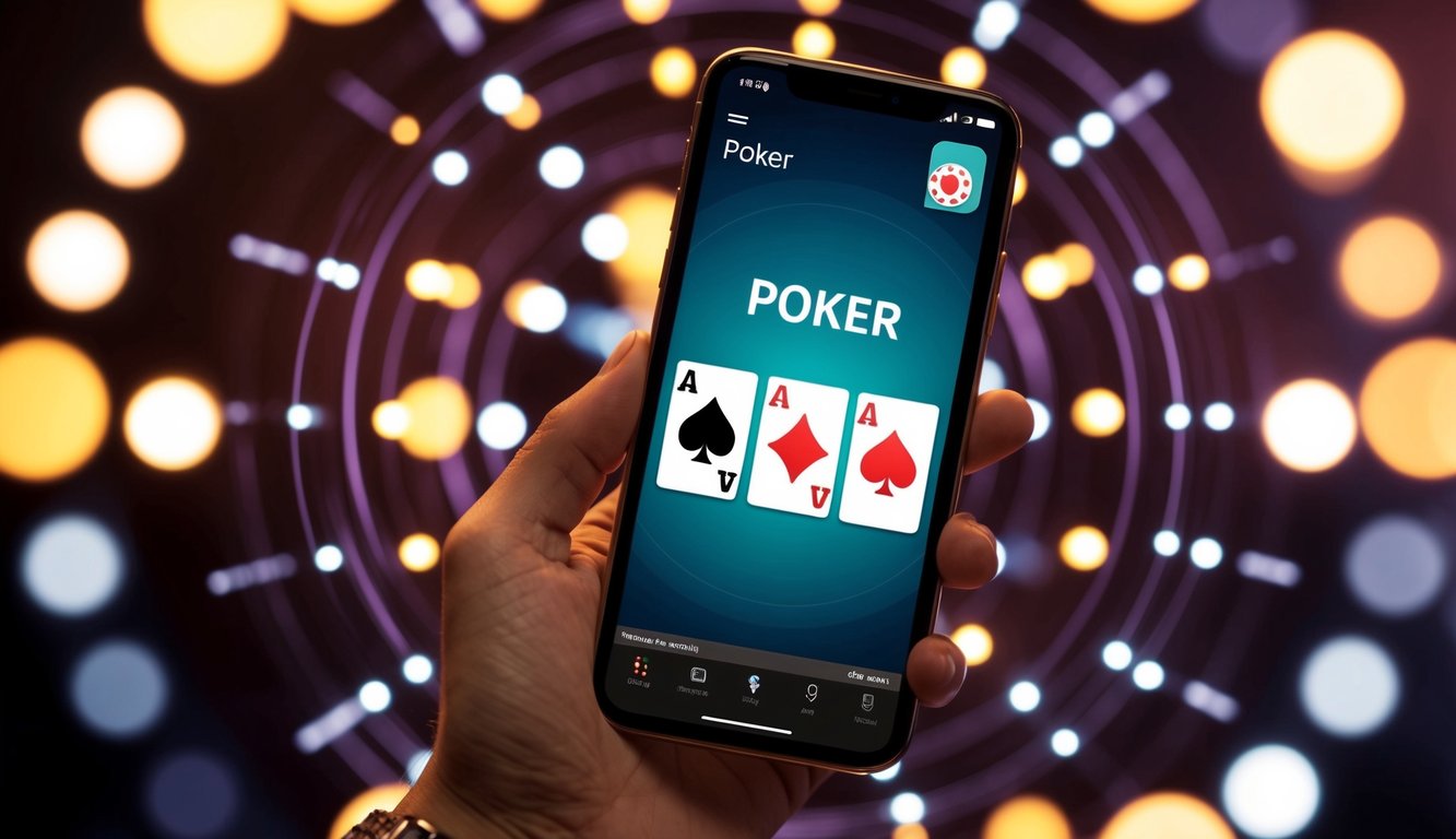 Sebuah smartphone dengan aplikasi poker terbuka, dikelilingi oleh sinyal yang berdenyut