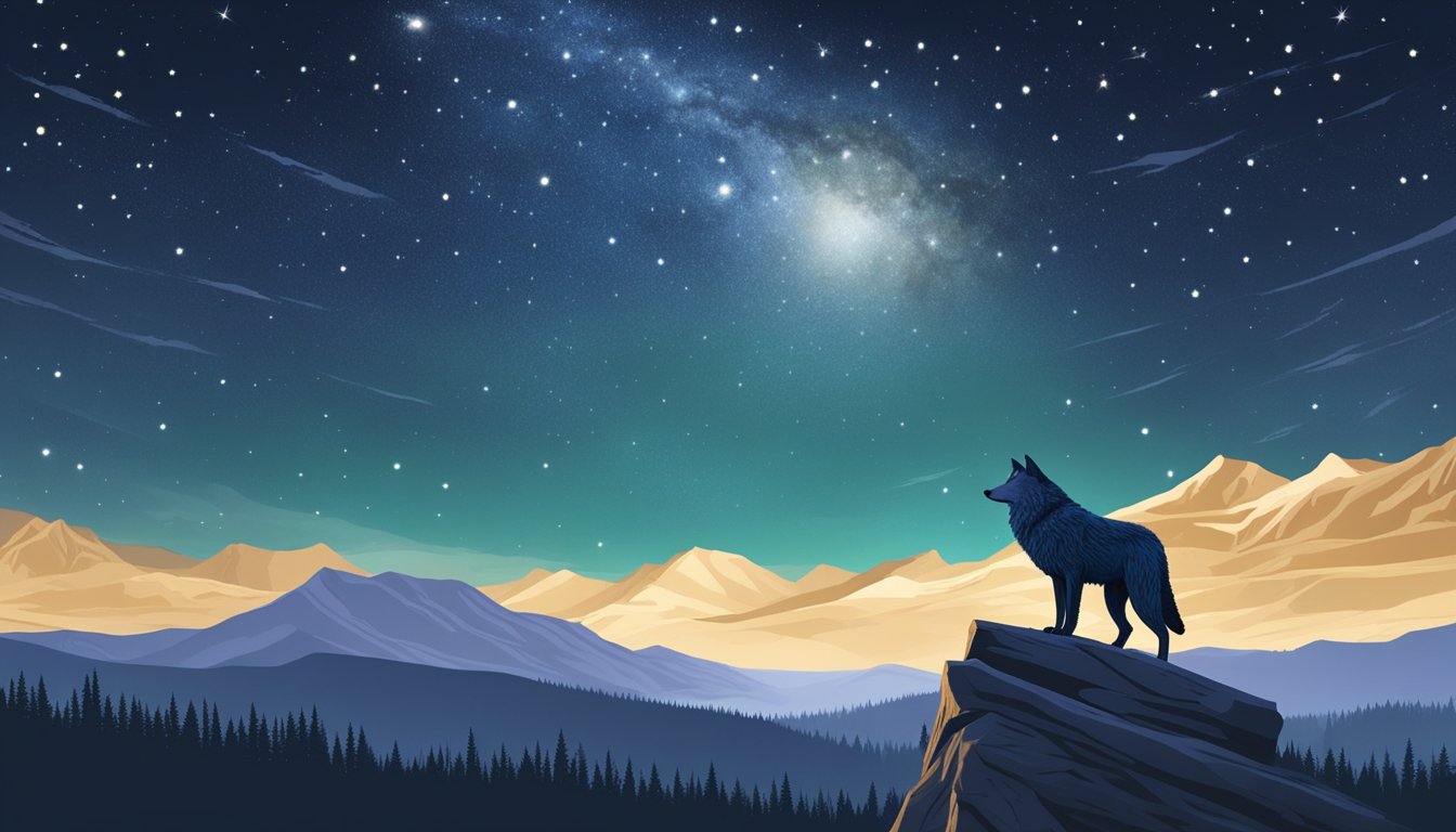 A lone wolf howls under a starry sky in the vast wilderness of Yellowstone National Park, surrounded by towering mountains and dense forests