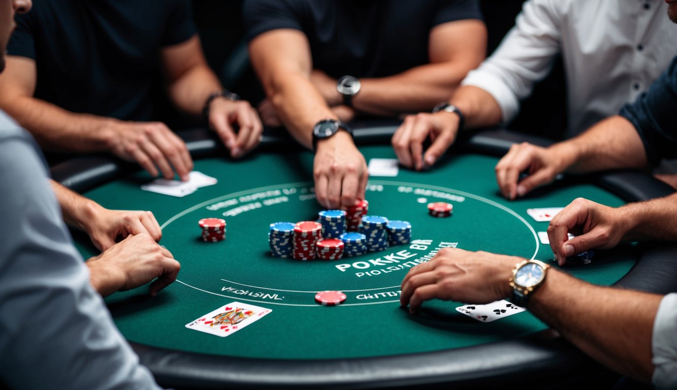 Sebuah meja poker dengan chip dan kartu digital, dikelilingi oleh pemain yang berinteraksi secara online