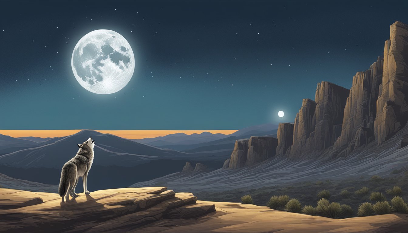 A lone wolf howling at the moon in a vast, rugged landscape