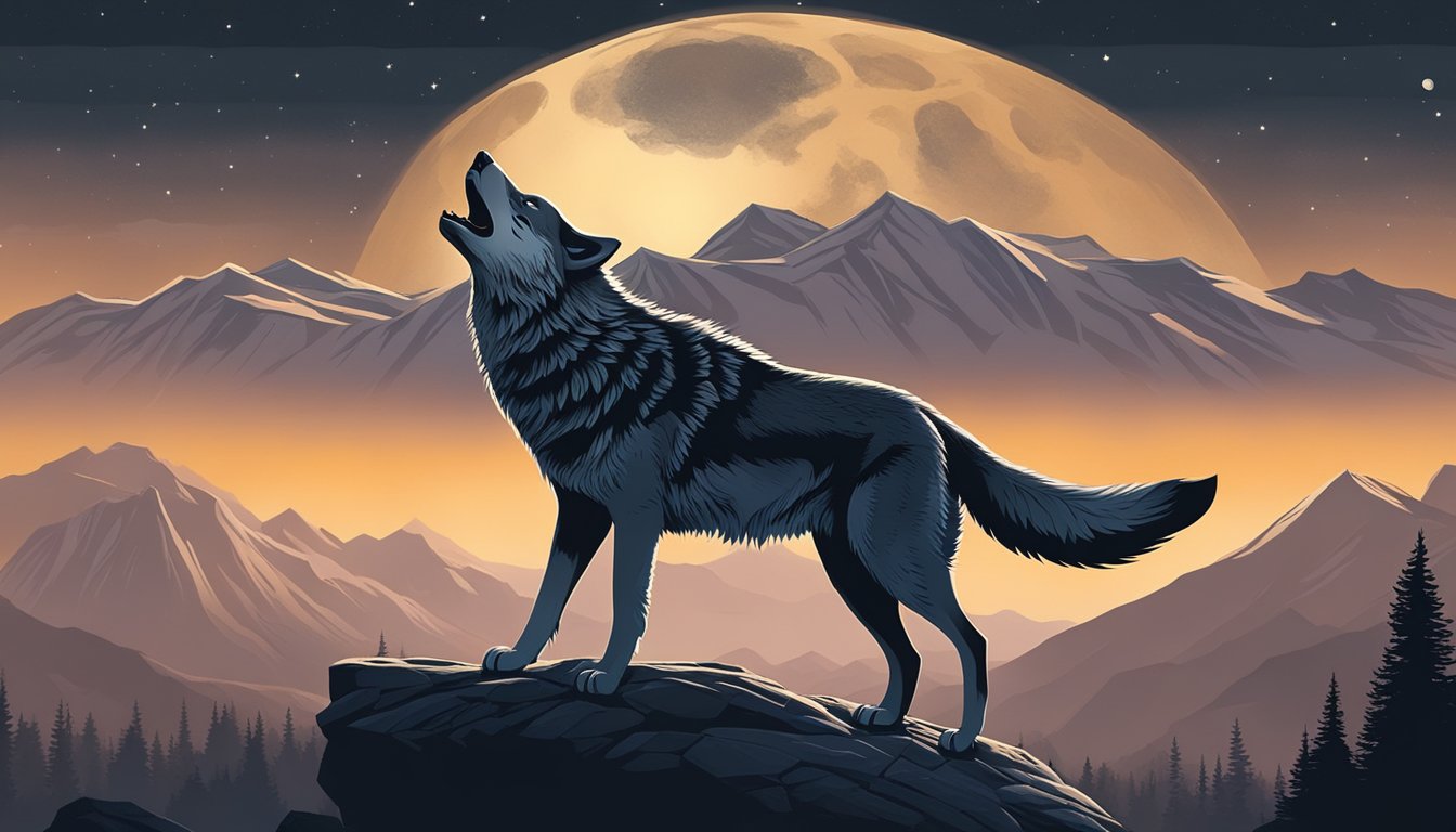 A lone wolf howling at the moon, surrounded by a rugged landscape with towering mountains and a dark, foreboding sky