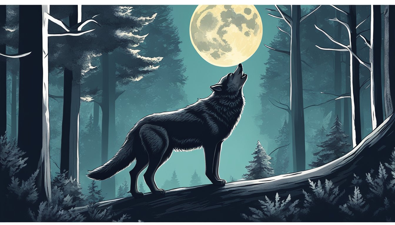 A lone wolf howling at the moon in a dense forest