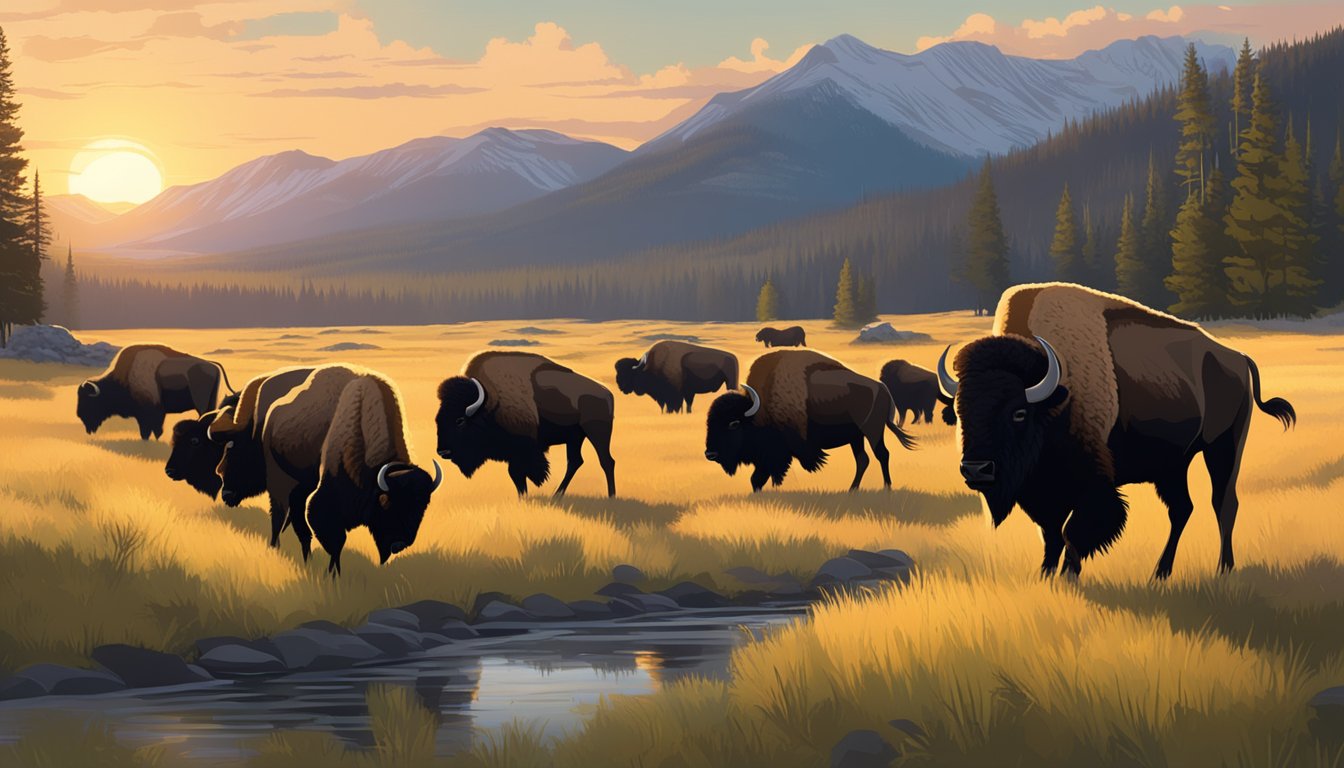 A herd of bison graze peacefully in a lush meadow as the sun sets behind the rugged mountains of Yellowstone National Park