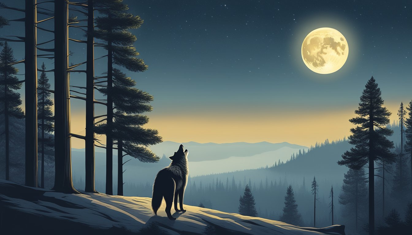 A lone wolf howls beneath a full moon, surrounded by towering pine trees and the misty glow of the Yellowstone National Park