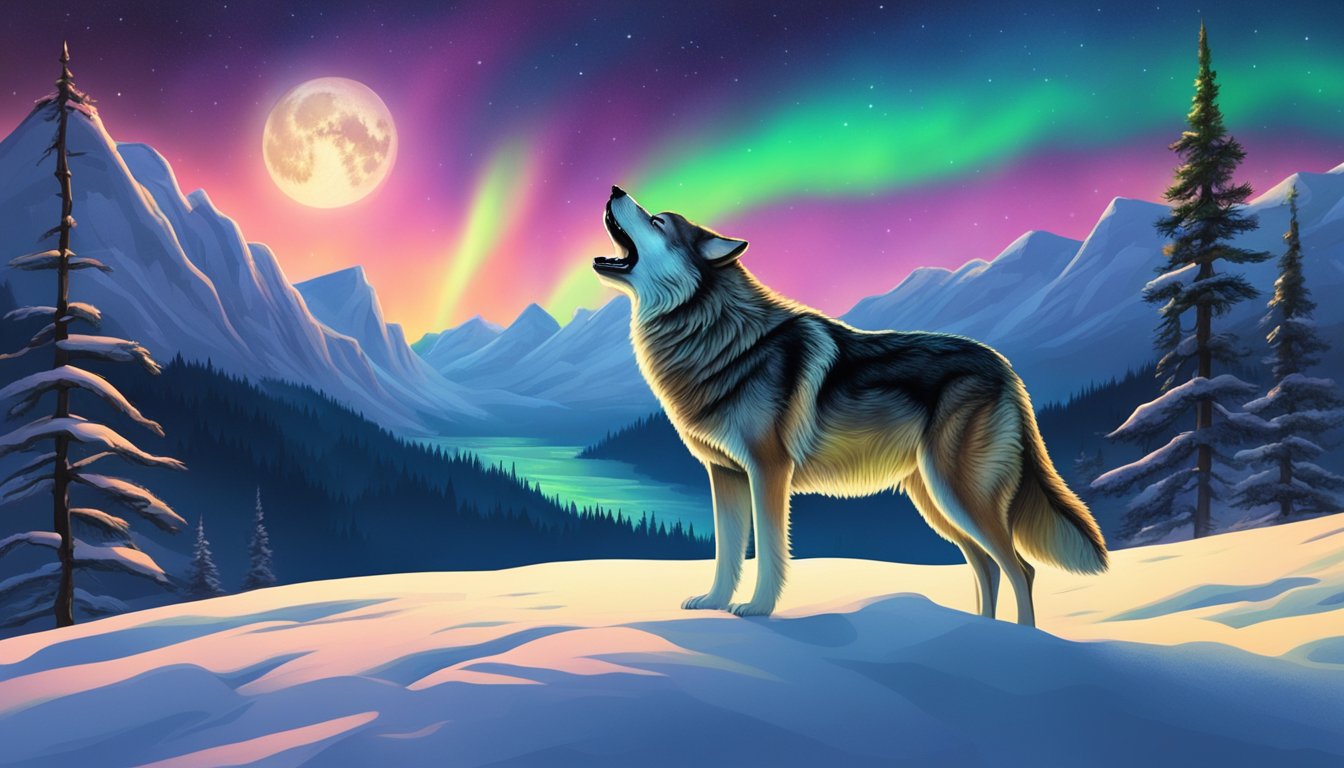 A lone wolf stands atop a snow-covered hill, howling at the moon as the northern lights dance in the sky above