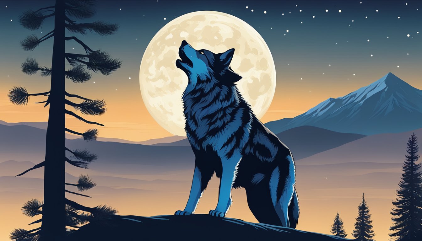 A lone wolf howls under the moonlit sky, surrounded by towering pine trees and the distant silhouette of mountains