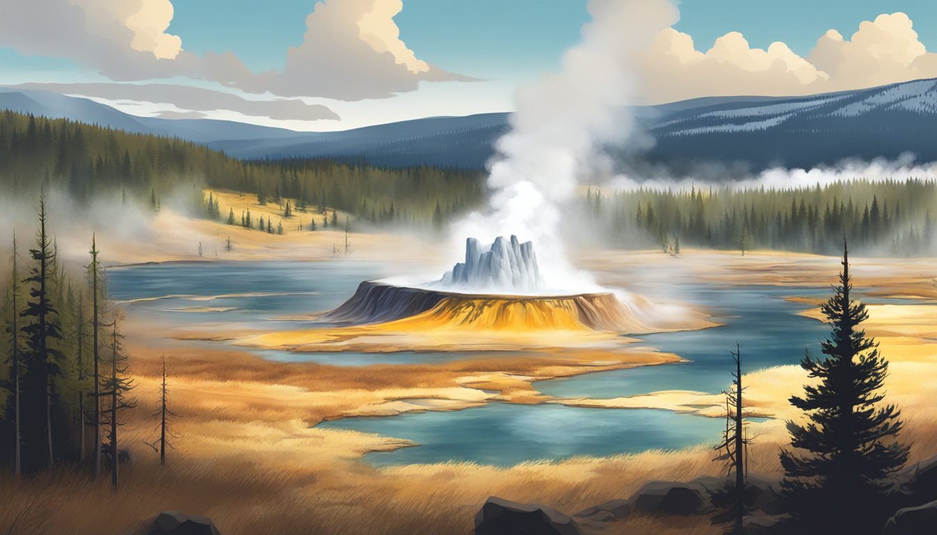 A dramatic landscape with a rugged terrain, featuring a steaming geyser and a backdrop of the iconic Yellowstone National Park