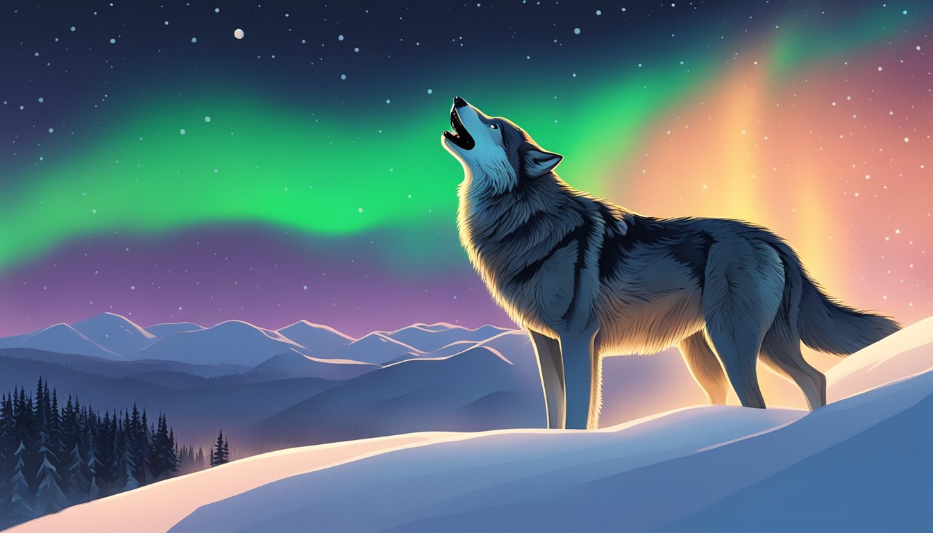 A lone wolf stands atop a snow-covered hill, howling at the moon as the aurora borealis dances overhead