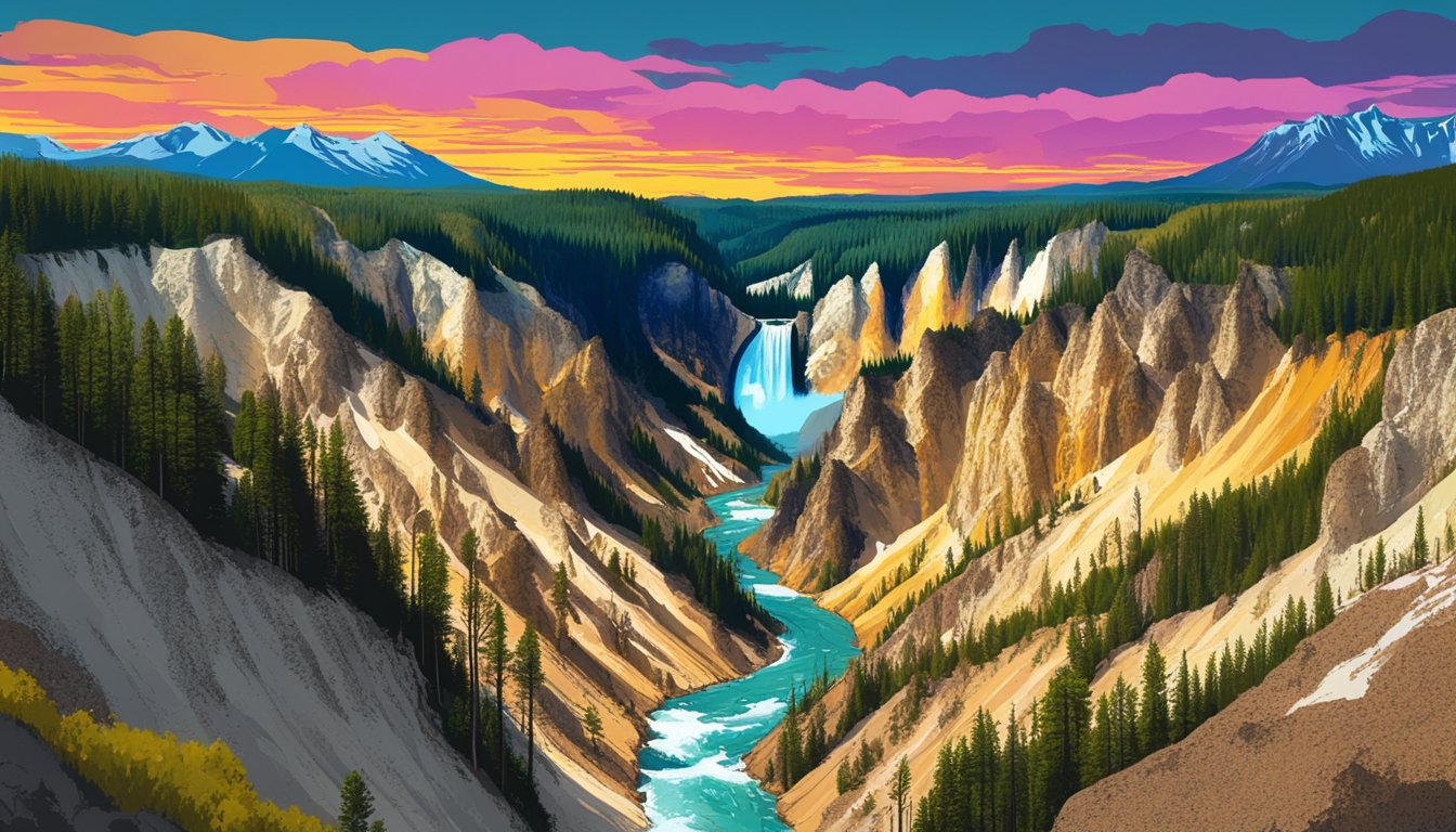 A dramatic landscape of Yellowstone National Park at sunset, with vibrant colors and a sense of rugged wilderness