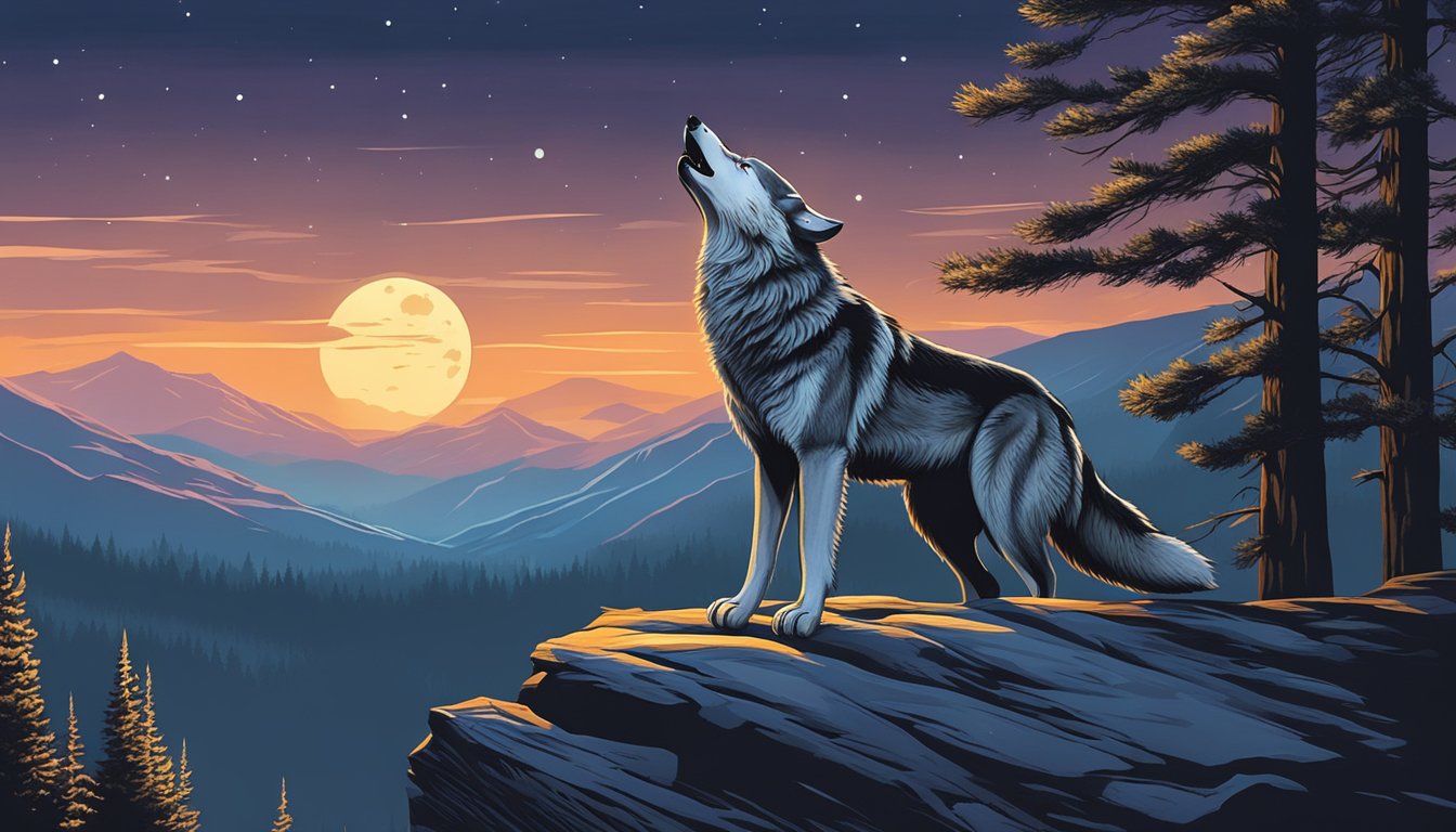 A lone wolf howls under the moonlit sky in a vast, untamed wilderness