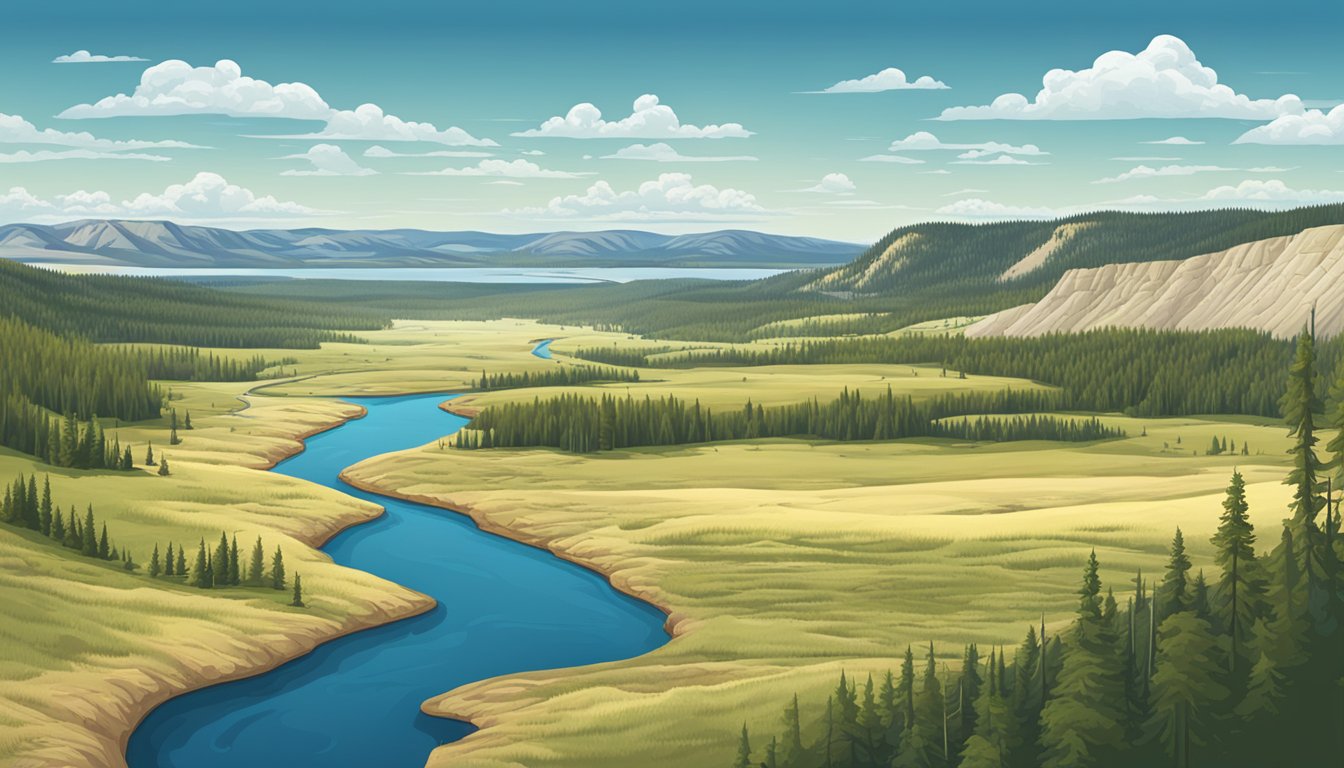 A panoramic view of the iconic Yellowstone landscape, featuring rolling hills, dense forests, and a winding river under a clear blue sky