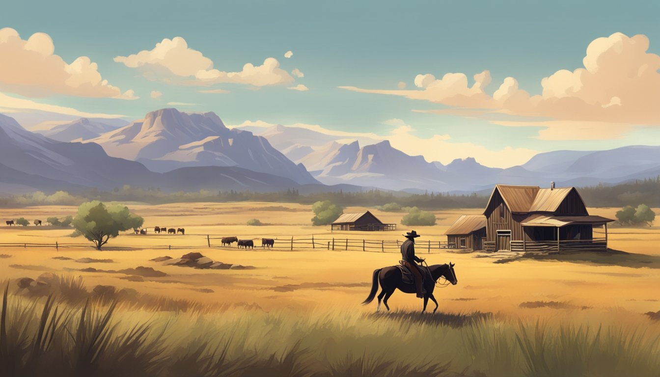 A lone cowboy riding through a vast, rugged landscape with grazing cattle and a rustic ranch in the background