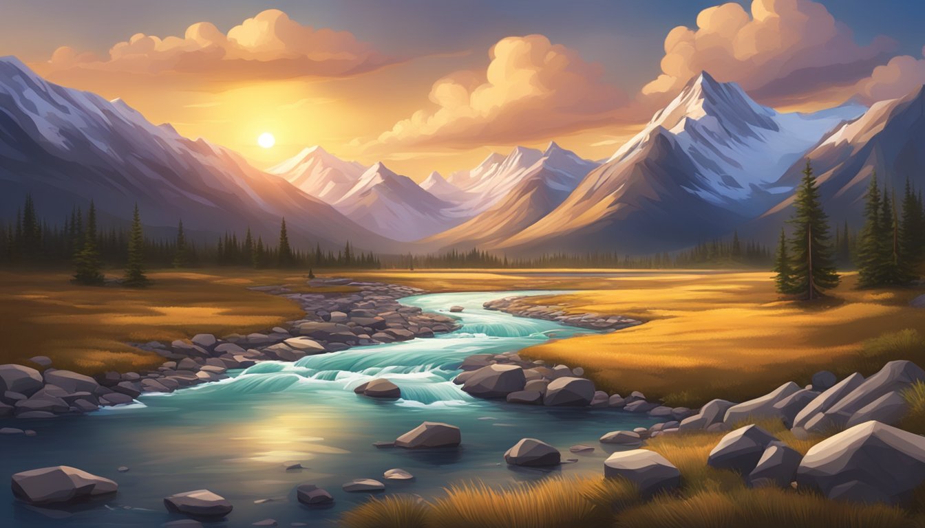 A rugged landscape with a winding river, snow-capped mountains, and a dramatic sky at sunset