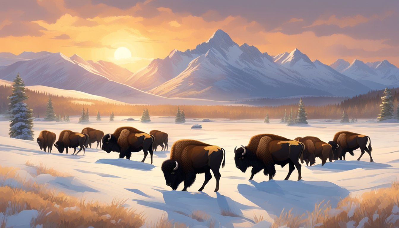 A herd of bison graze peacefully in a vast open meadow surrounded by snow-capped mountains. The sun sets in the distance, casting a warm golden glow over the tranquil scene