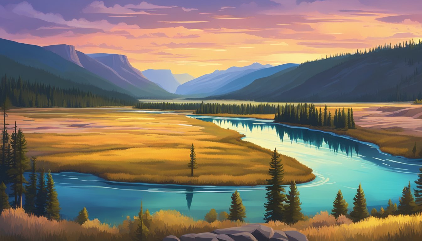 A panoramic view of Yellowstone National Park at sunset, with vibrant colors reflected in the river and a sense of tranquility in the surrounding landscape