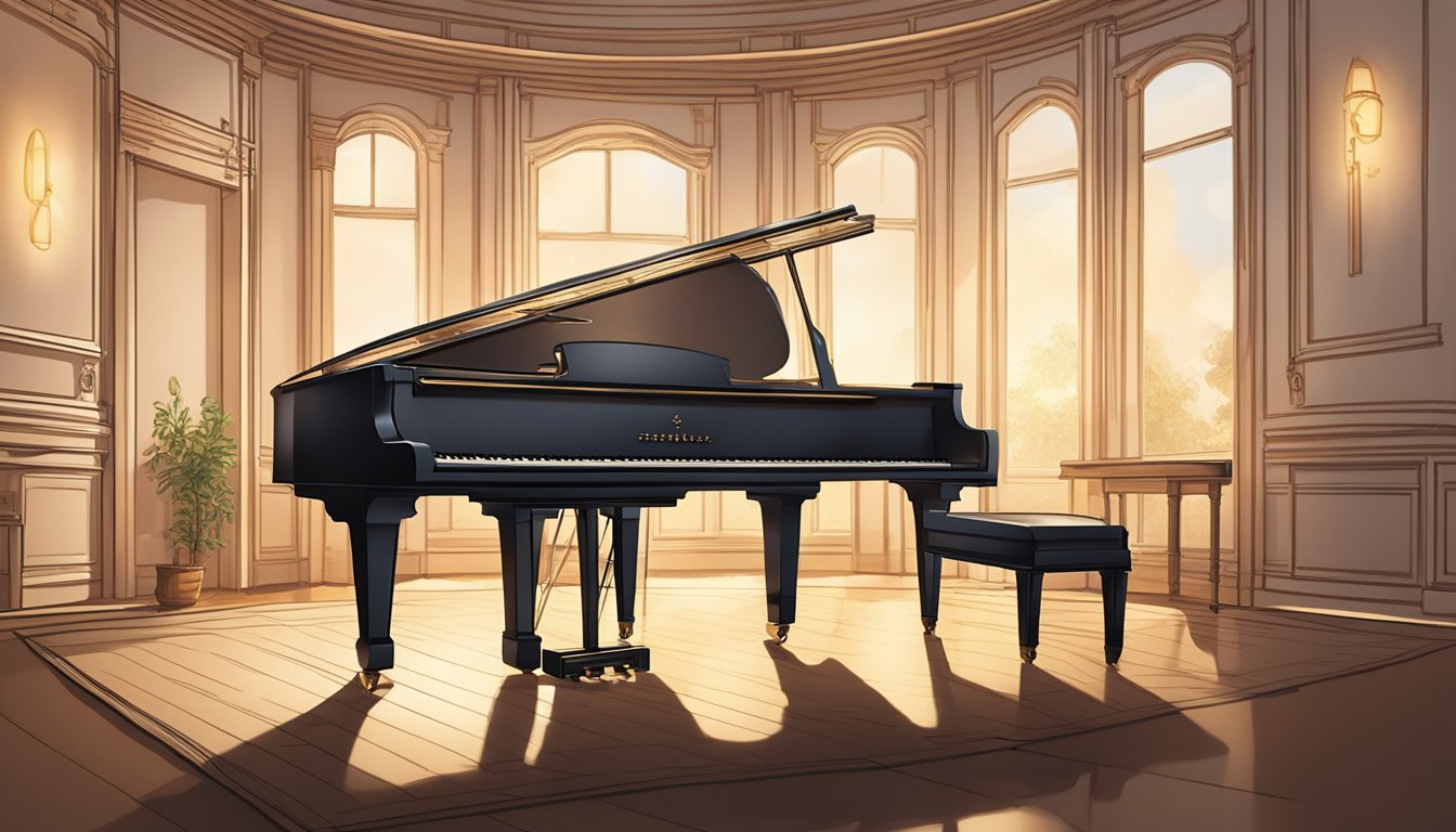 A grand piano sits in the center of a dimly lit room, with sheet music scattered across the top. The soft glow of a lamp illuminates the notes on the page