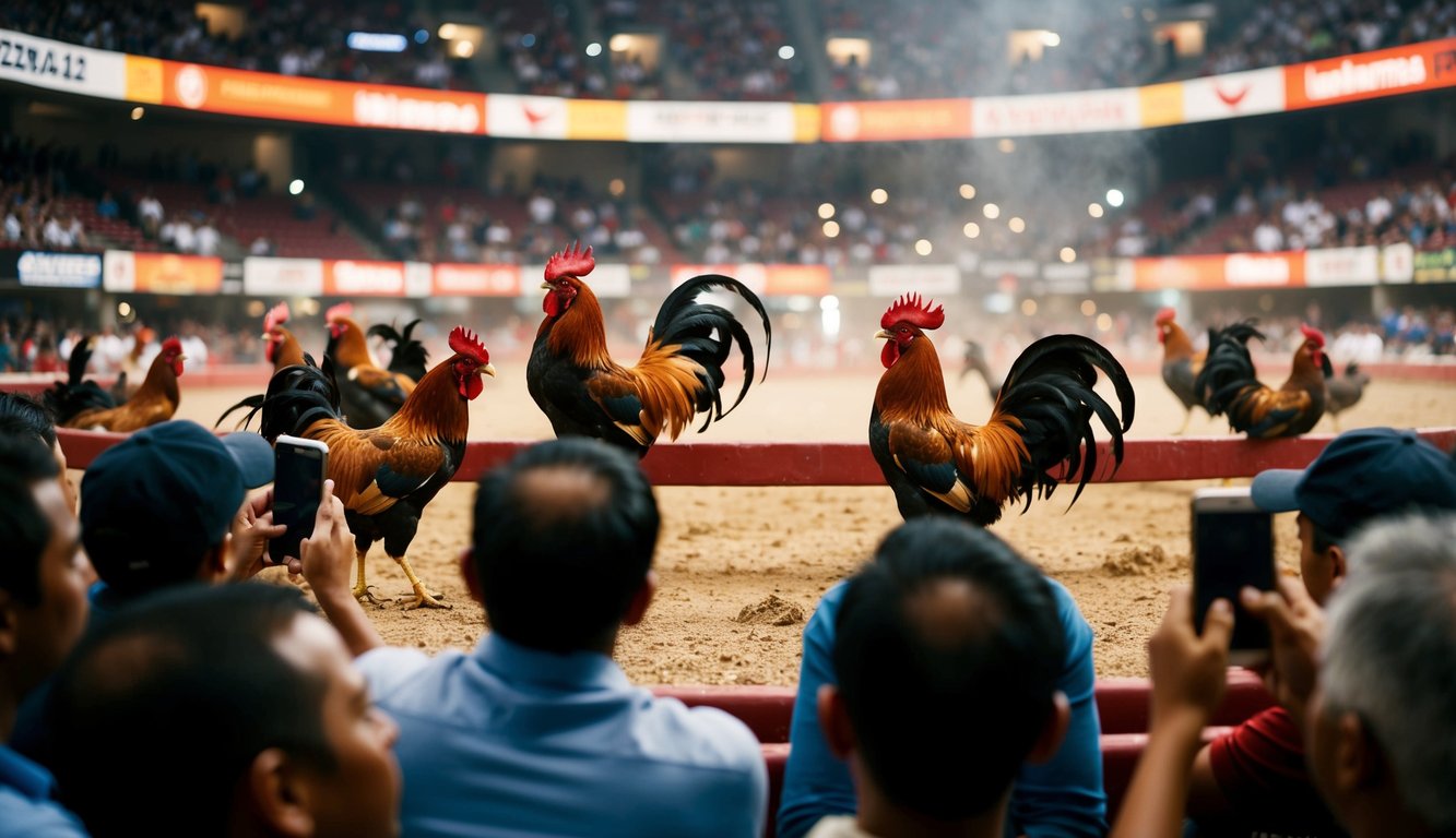 Sebuah arena yang ramai dengan ayam jantan dalam pertarungan ayam yang sengit, dikelilingi oleh penonton yang melakukan setoran melalui ponsel.