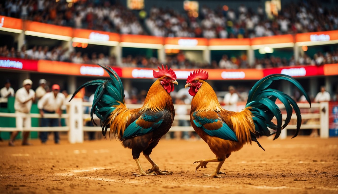 Sebuah arena sabung ayam yang hidup dan ramai, dengan penonton yang bersorak dan dua ayam jantan yang garang terlibat dalam pertarungan.