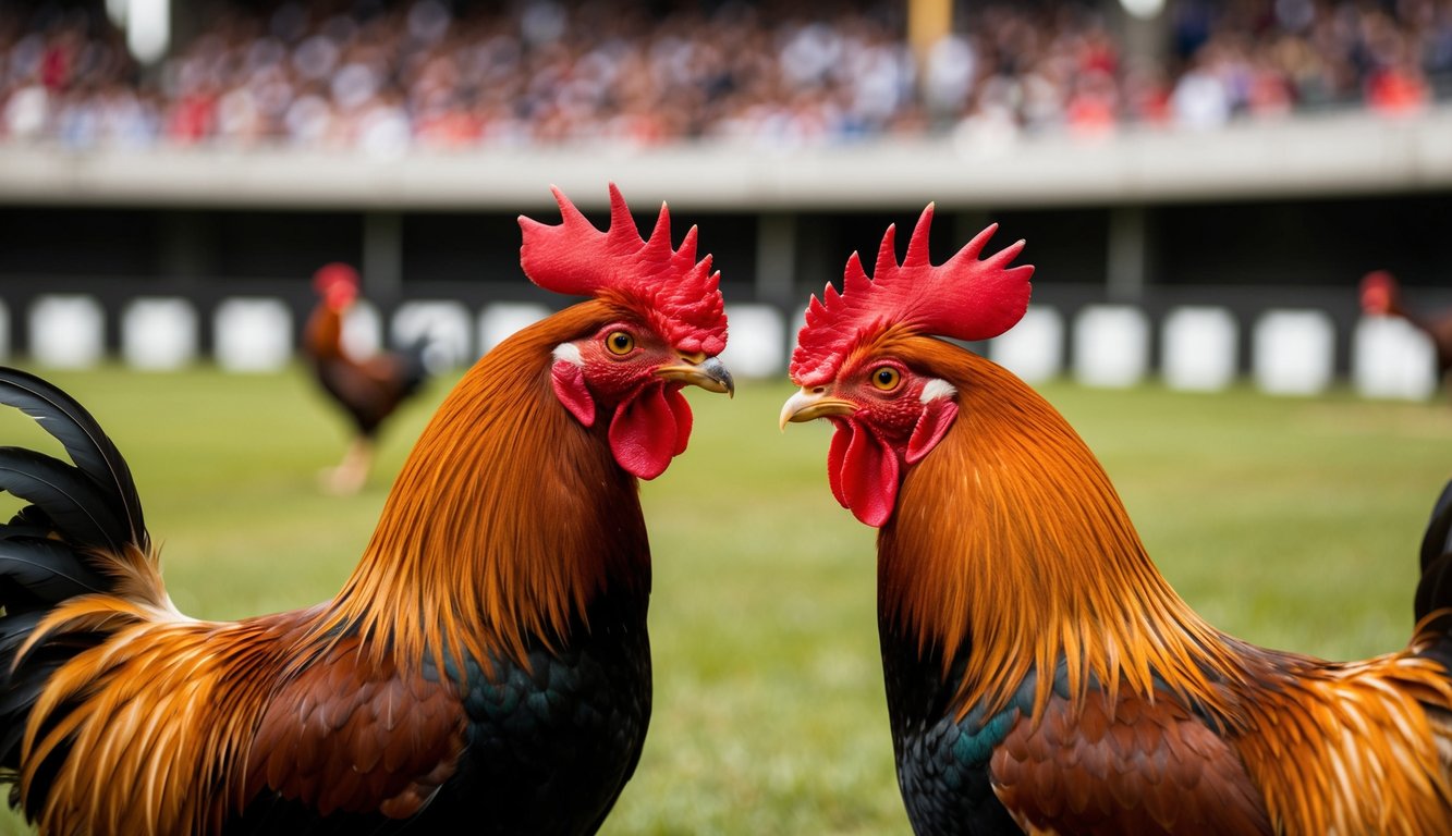 Dua ayam jantan berhadapan di arena sabung ayam online dengan opsi taruhan fleksibel dan lingkungan permainan yang adil