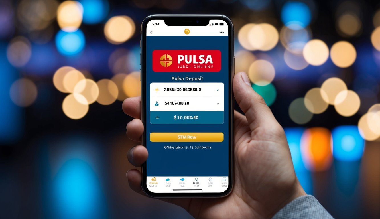 Antarmuka digital yang menampilkan ponsel dengan opsi deposit pulsa untuk Judi Sicbo online, tanpa potongan