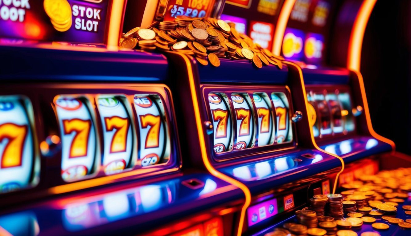 Sebuah mesin slot yang berwarna-warni dengan lampu berkedip dan koin melimpah dari jackpot