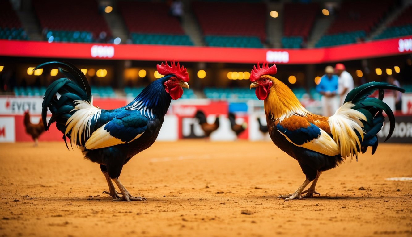 Sebuah arena yang hidup dengan ayam jantan berwarna-warni yang berhadapan dalam pertandingan sabung ayam yang disiarkan langsung