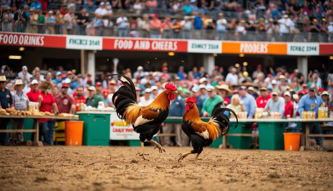 Sebuah arena luar ruangan yang ramai dengan ayam jantan yang bertarung, dikelilingi oleh penonton yang bersorak dan pedagang yang menjual makanan dan minuman