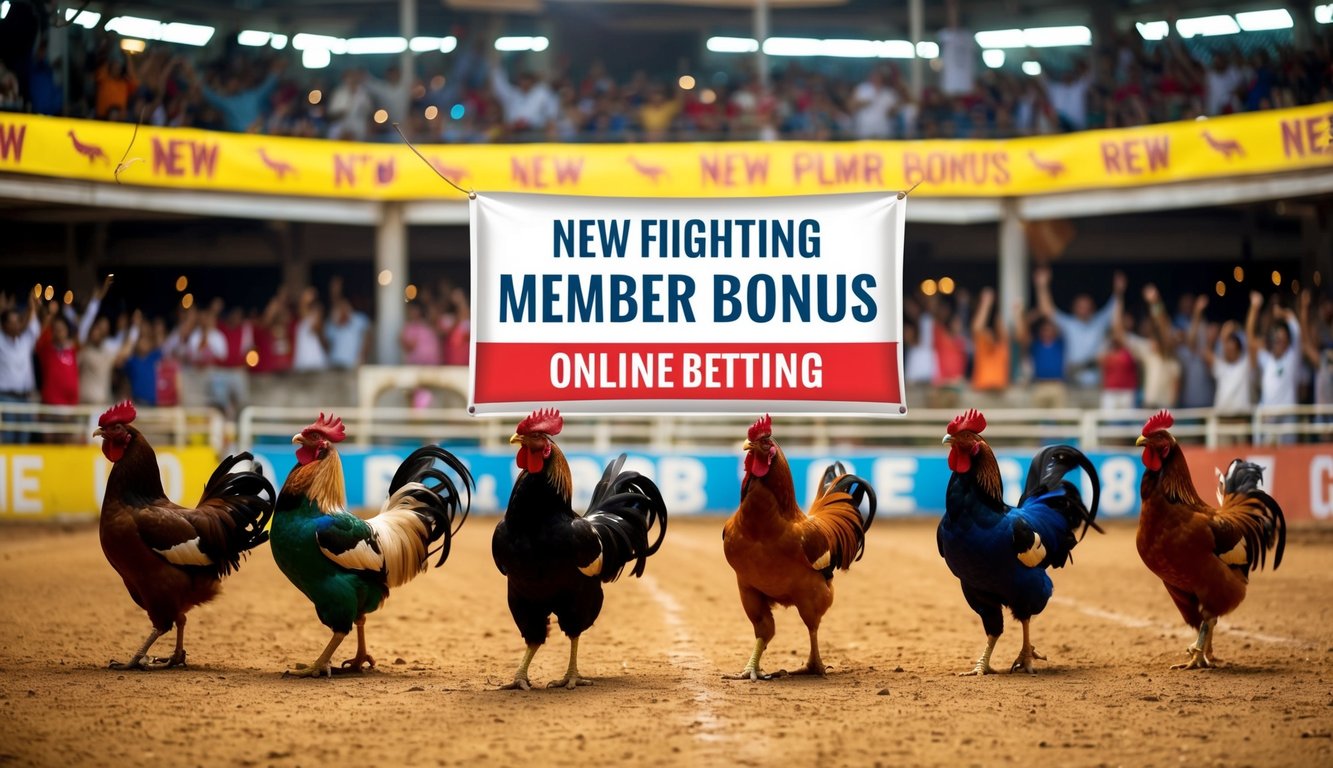 Sebuah arena sabung ayam yang berwarna-warni dengan penonton yang bersorak-sorai dan spanduk yang mengiklankan bonus anggota baru yang besar untuk taruhan online