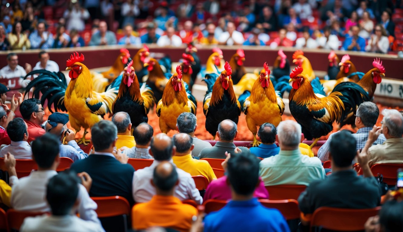 Sebuah arena yang ramai dan meriah dengan ayam jantan berwarna-warni di tengah, dikelilingi oleh penonton yang bersorak-sorai dan memasang taruhan fleksibel.