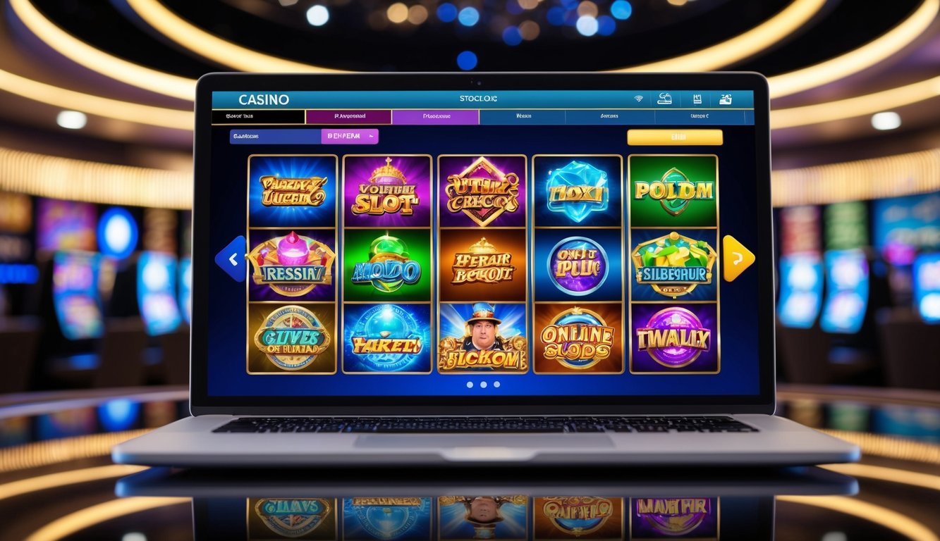 Sebuah permainan slot online yang penuh warna dengan berbagai tema dan grafik berwarna-warni, diatur di latar belakang lingkungan kasino yang ramping dan modern.