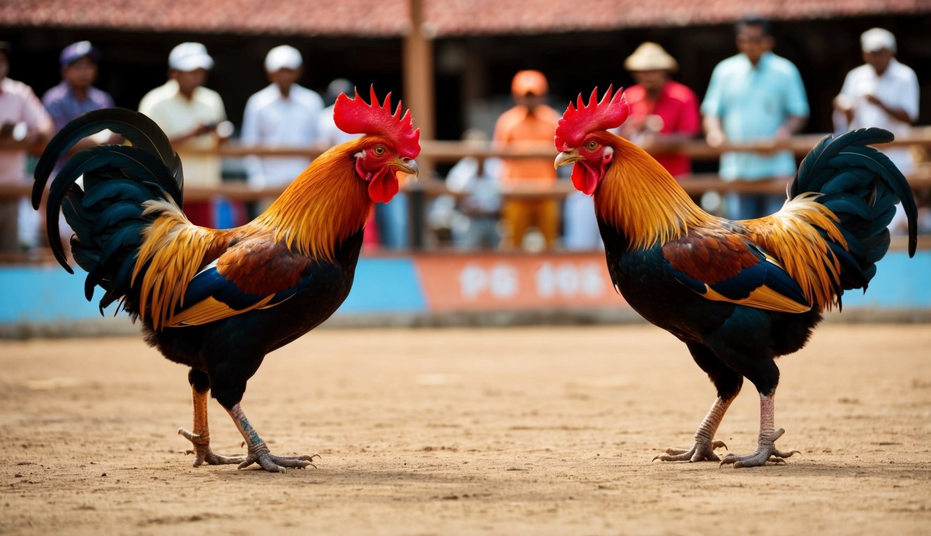 Dua ayam jantan berhadapan di arena sabung ayam tradisional Indonesia, dikelilingi oleh penonton yang memasang taruhan