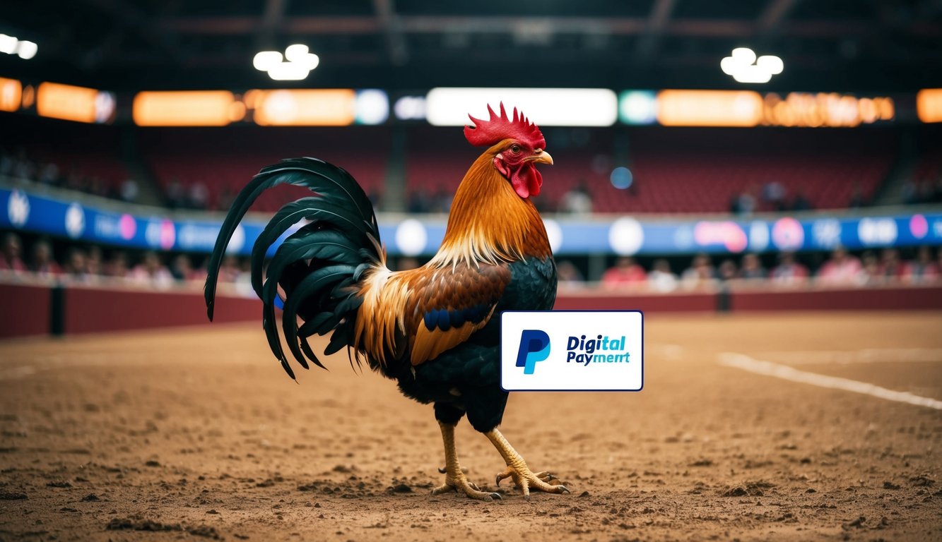 Arena pertarungan ayam jantan dengan logo platform pembayaran digital