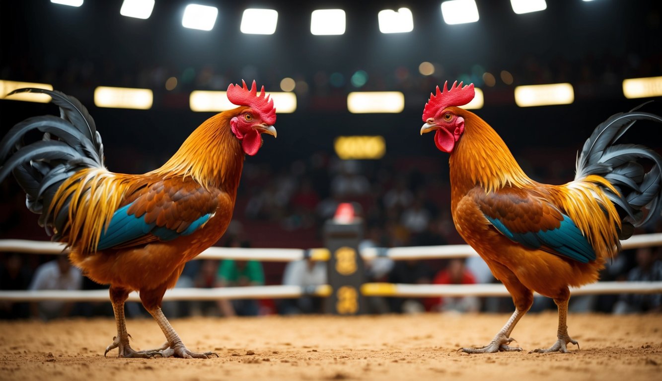 Dua ayam jantan berhadapan di arena sabung ayam online yang ramai dengan peluang menang yang tinggi