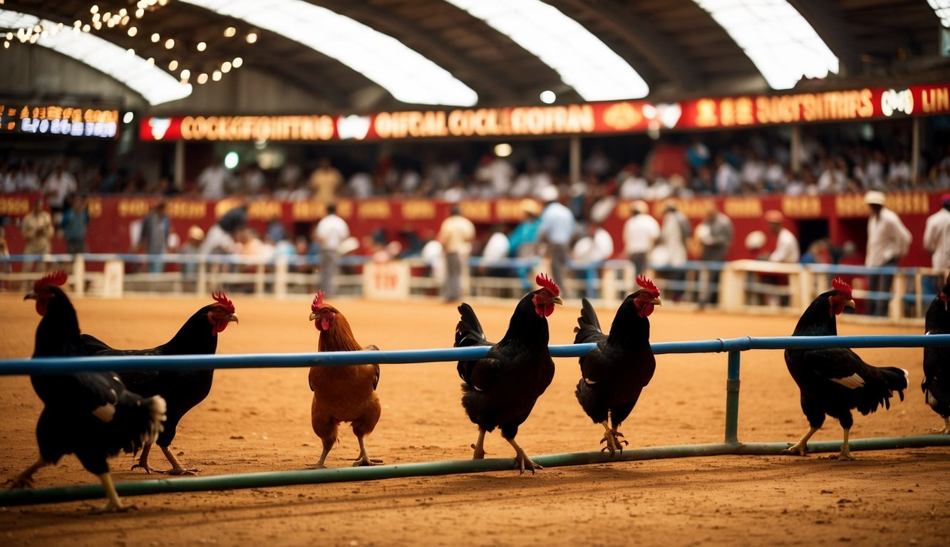 Sebuah arena sabung ayam resmi yang ramai dengan aktivitas taruhan yang hidup